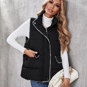 Black Raw Hem Puffer Zip Up Vest